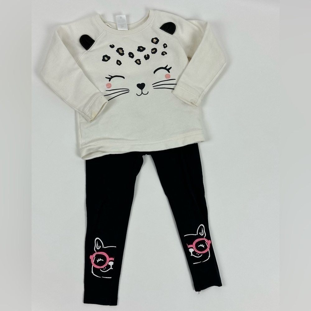 Toddler Girl's Ivory Cat Sweatshirt w/ Cat Leggings